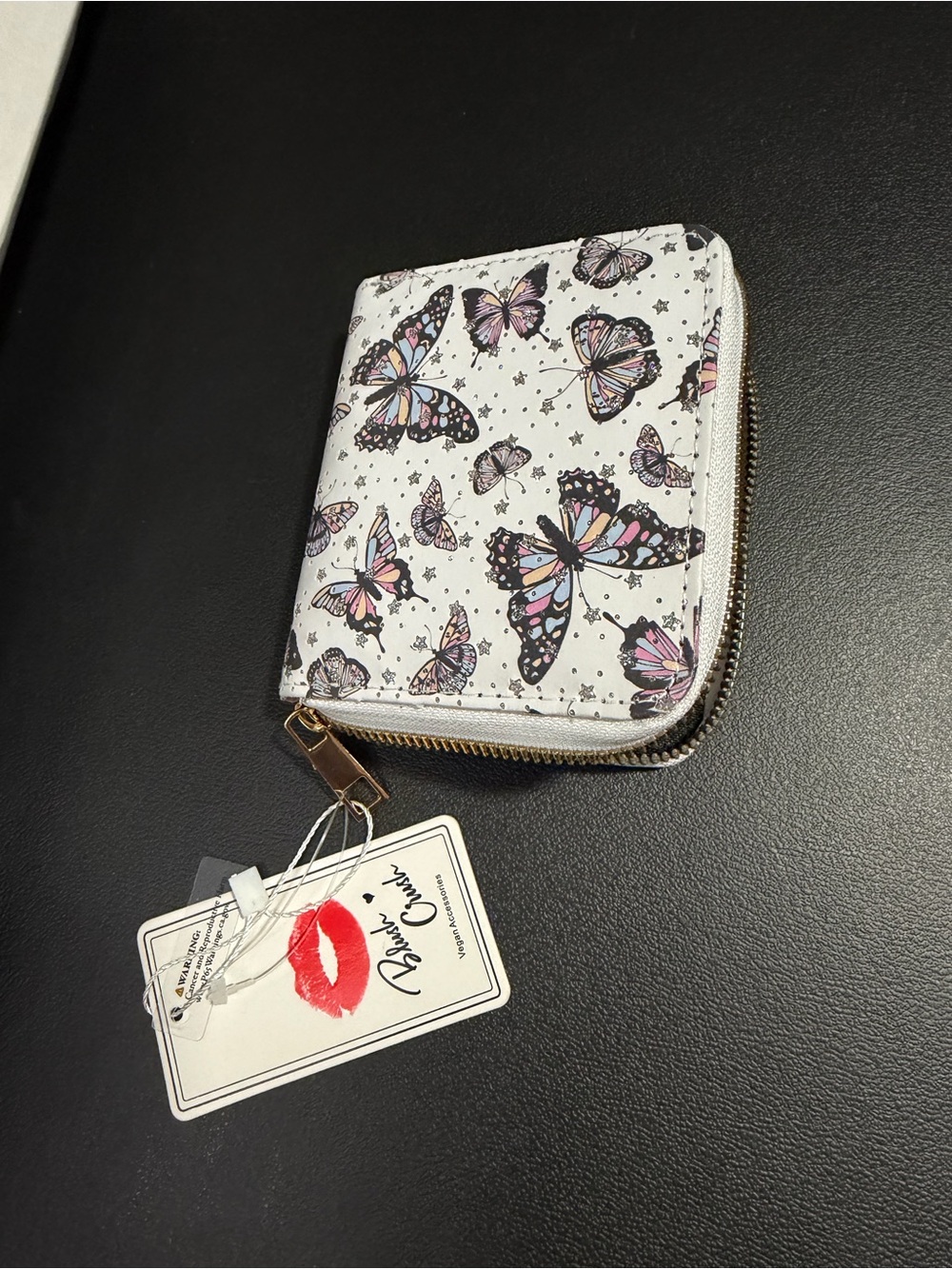 Butterfly Print Zip-Around Wallet - White with Pink & Purple Accents